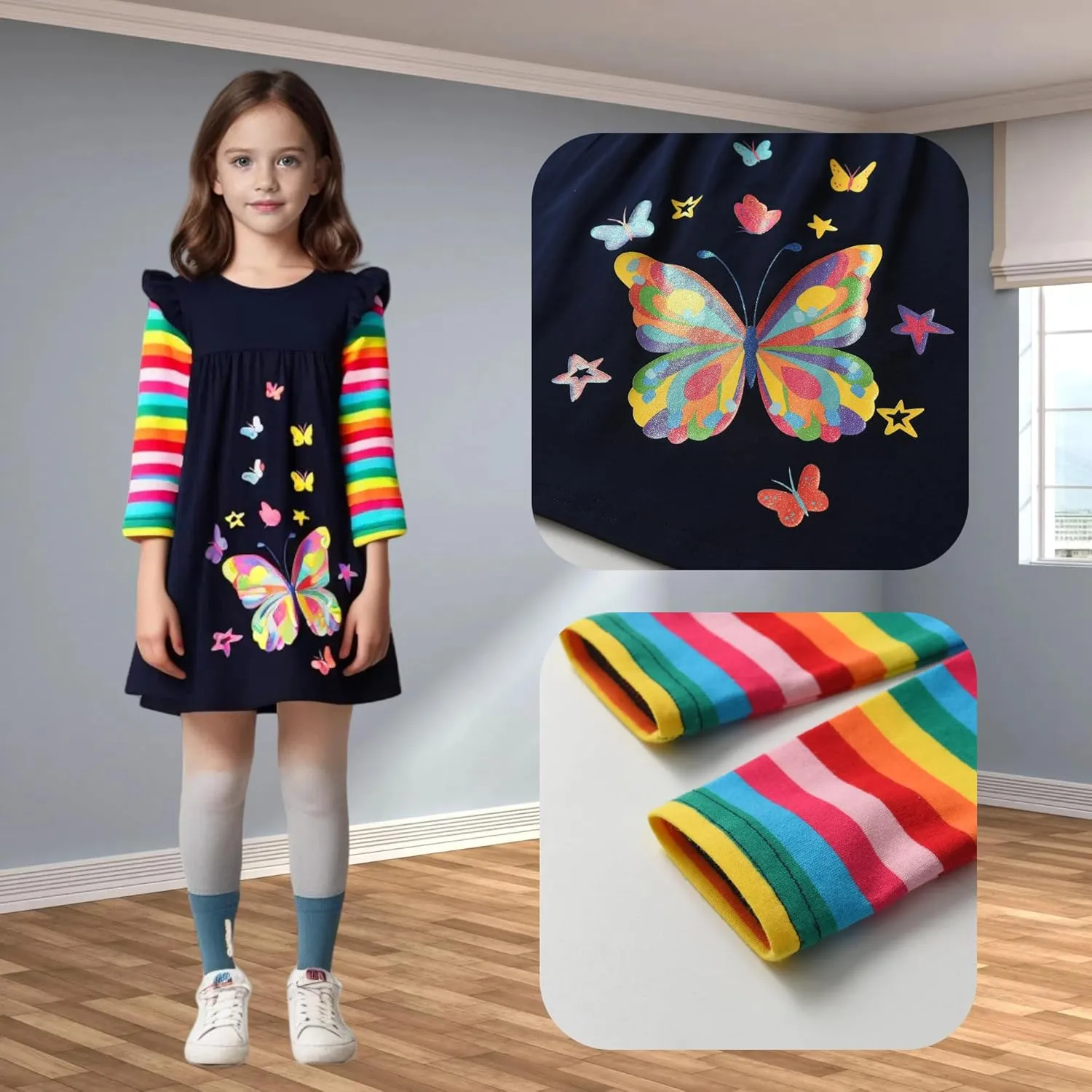 DXTON Toddler Girls Long Sleeve Dress Stripe Rainbow Ruffle Cotton Casual Tunic Shirt Fall Winter School Dress