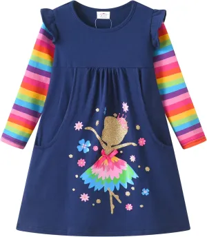 DXTON Toddler Girls Long Sleeve Dress Stripe Rainbow Ruffle Cotton Casual Tunic Shirt Fall Winter School Dress