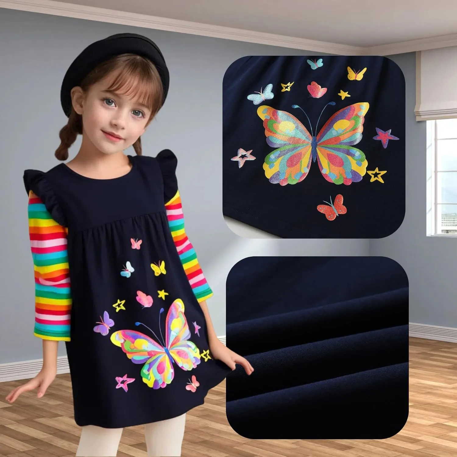 DXTON Toddler Girls Long Sleeve Dress Stripe Rainbow Ruffle Cotton Casual Tunic Shirt Fall Winter School Dress
