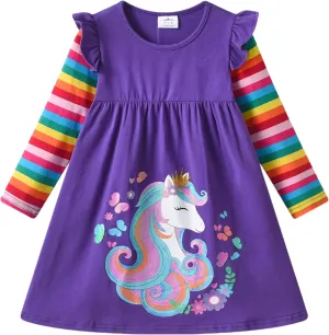 DXTON Toddler Girls Long Sleeve Dress Stripe Rainbow Ruffle Cotton Casual Tunic Shirt Fall Winter School Dress