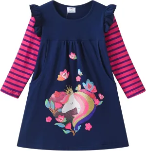 DXTON Toddler Girls Long Sleeve Dress Stripe Rainbow Ruffle Cotton Casual Tunic Shirt Fall Winter School Dress