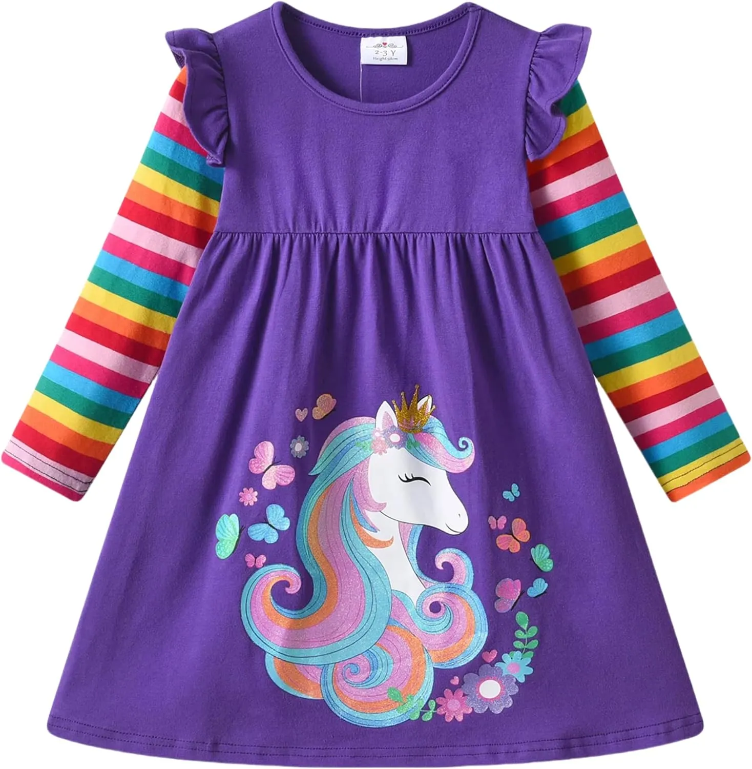 DXTON Toddler Girls Long Sleeve Dress Stripe Rainbow Ruffle Cotton Casual Tunic Shirt Fall Winter School Dress