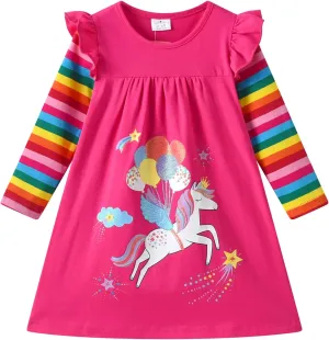 DXTON Toddler Girls Long Sleeve Dress Stripe Rainbow Ruffle Cotton Casual Tunic Shirt Fall Winter School Dress