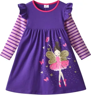 DXTON Toddler Girls Long Sleeve Dress Stripe Rainbow Ruffle Cotton Casual Tunic Shirt Fall Winter School Dress