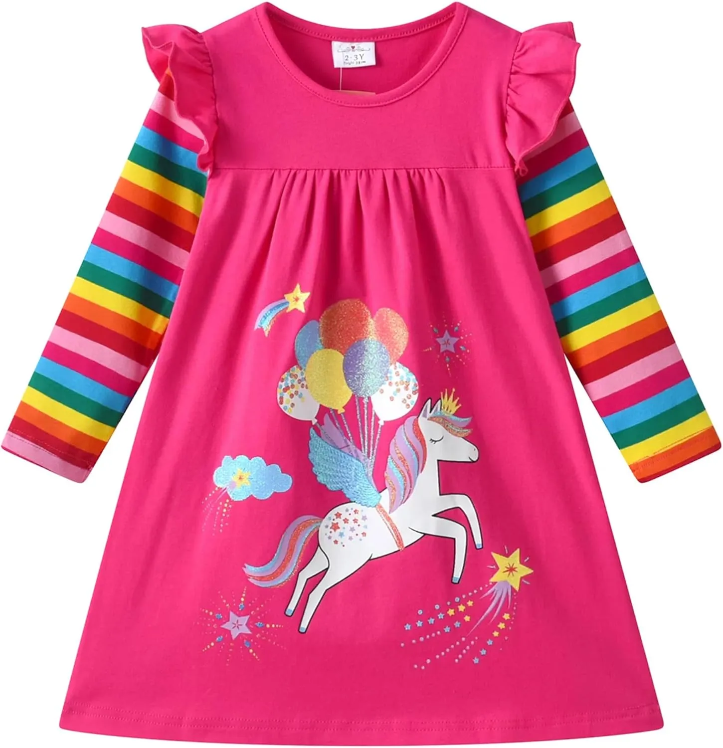 DXTON Toddler Girls Long Sleeve Dress Stripe Rainbow Ruffle Cotton Casual Tunic Shirt Fall Winter School Dress