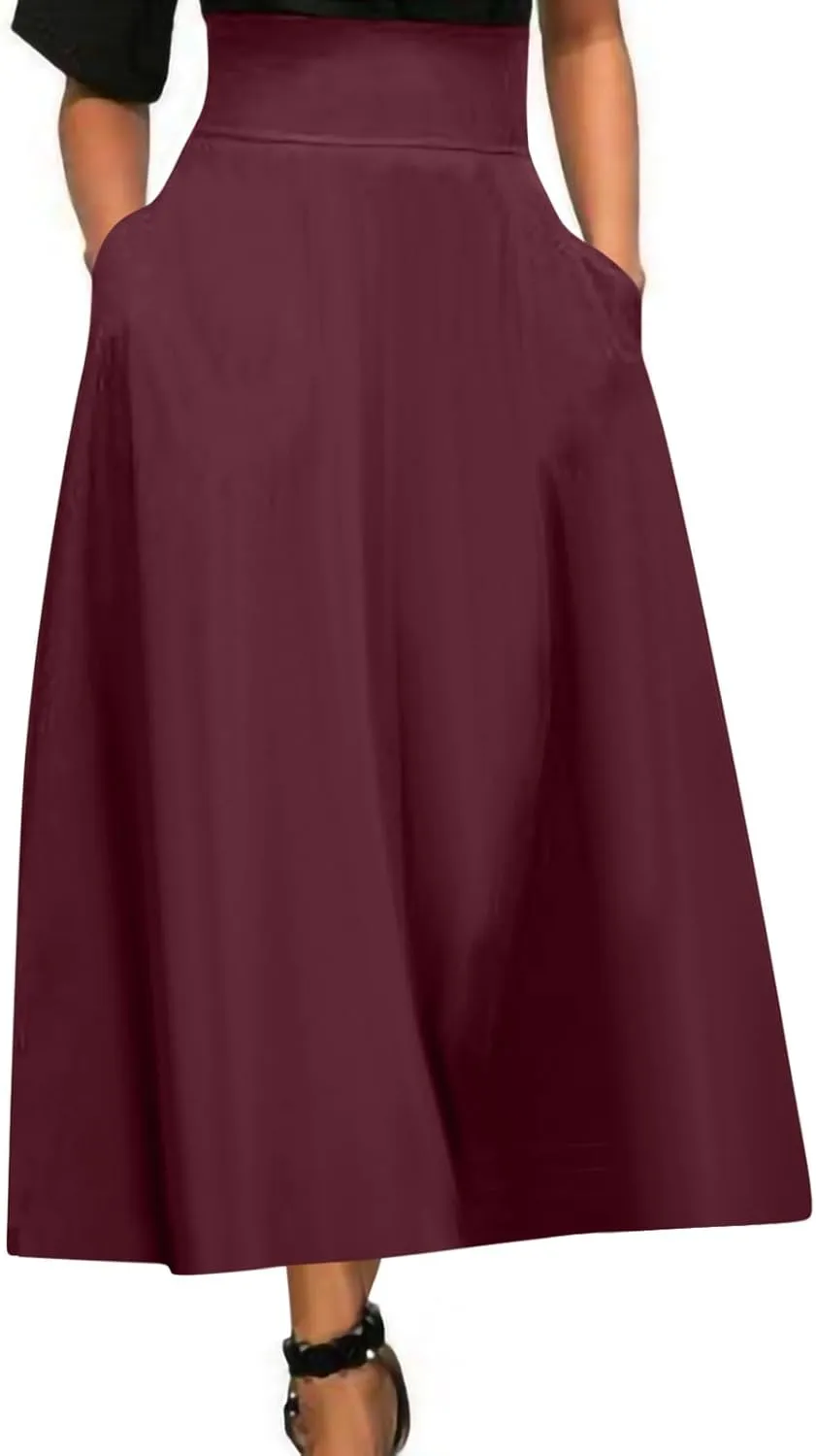 Elegant High Waisted A Line Skirts for Women Flowy Vintage Stretch Pleated Maxi Skirt Knee Length Dress