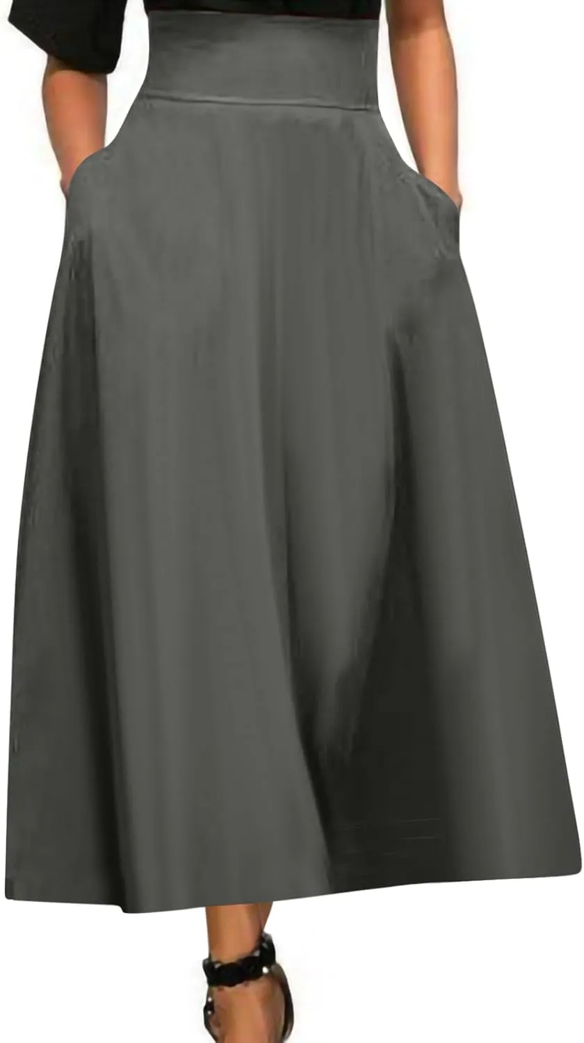 Elegant High Waisted A Line Skirts for Women Flowy Vintage Stretch Pleated Maxi Skirt Knee Length Dress
