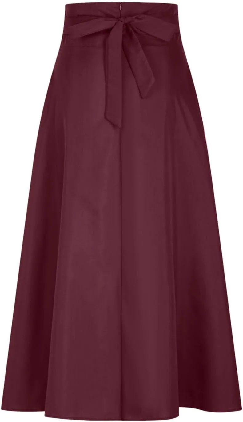 Elegant High Waisted A Line Skirts for Women Flowy Vintage Stretch Pleated Maxi Skirt Knee Length Dress