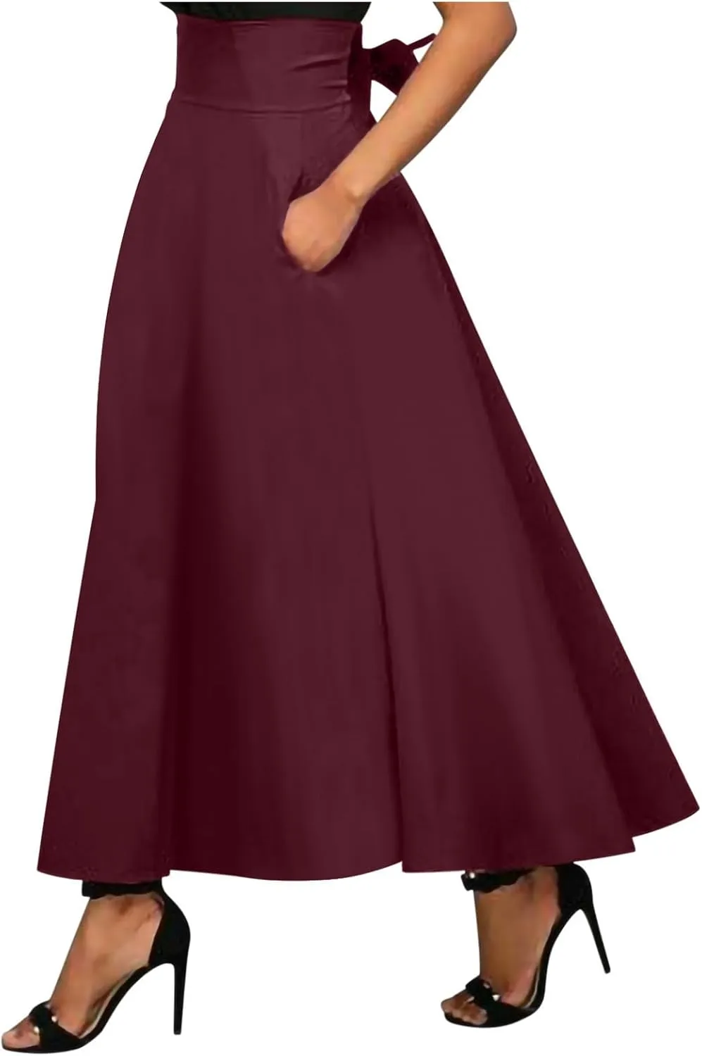Elegant High Waisted A Line Skirts for Women Flowy Vintage Stretch Pleated Maxi Skirt Knee Length Dress