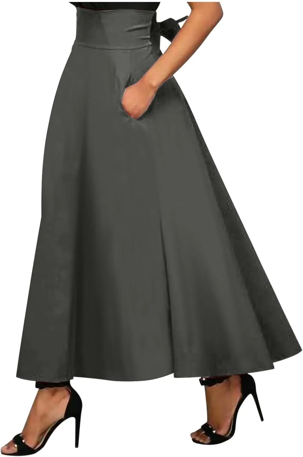 Elegant High Waisted A Line Skirts for Women Flowy Vintage Stretch Pleated Maxi Skirt Knee Length Dress