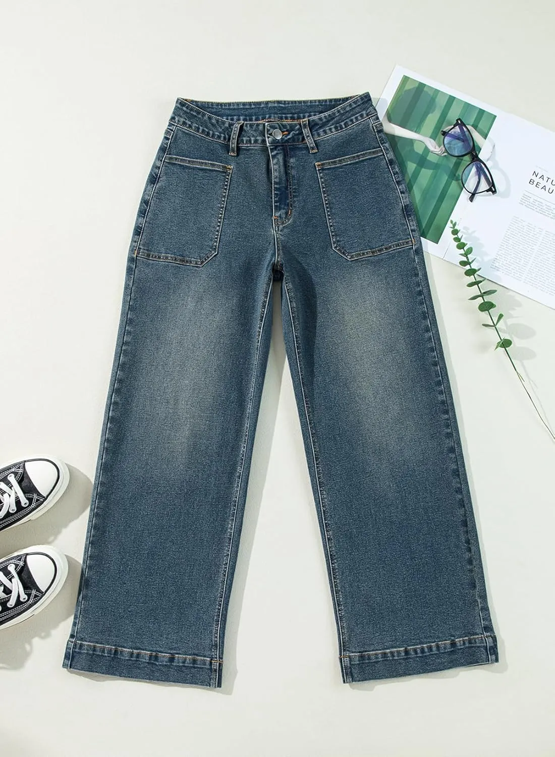 EVALESS Womens Wide Leg Jeans High Waisted Stretchy Loose Denim Pants