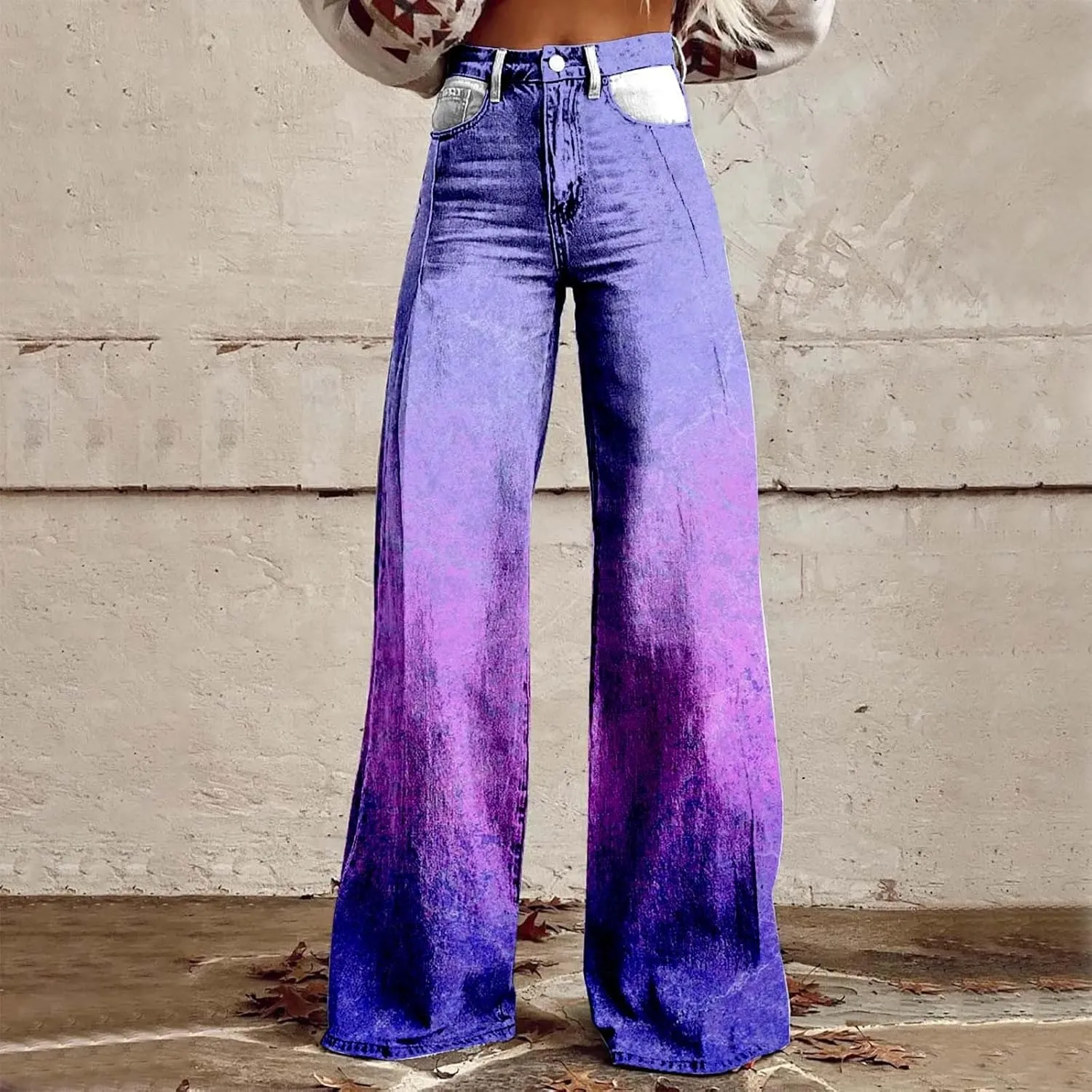 Flare Jeans for Women 2025 Fashion Wide Leg Vintage Floral Print High Waisted Straight Stretch Pants with Pockets