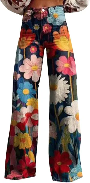 Flare Jeans for Women 2025 Fashion Wide Leg Vintage Floral Print High Waisted Straight Stretch Pants with Pockets