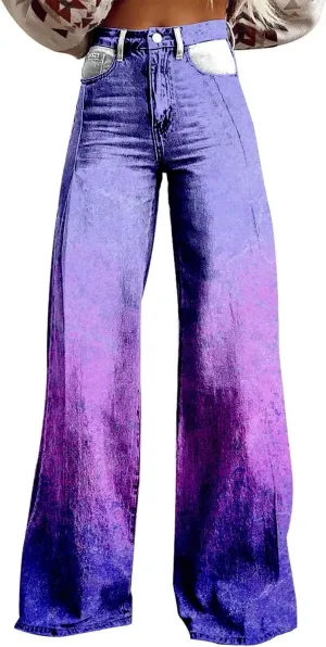 Flare Jeans for Women 2025 Fashion Wide Leg Vintage Floral Print High Waisted Straight Stretch Pants with Pockets