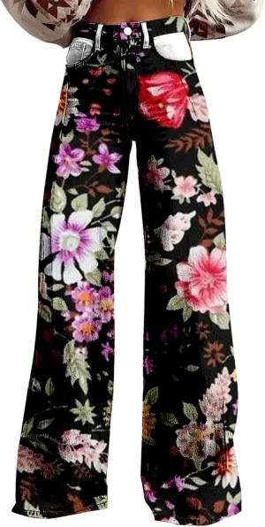 Flare Jeans for Women 2025 Fashion Wide Leg Vintage Floral Print High Waisted Straight Stretch Pants with Pockets