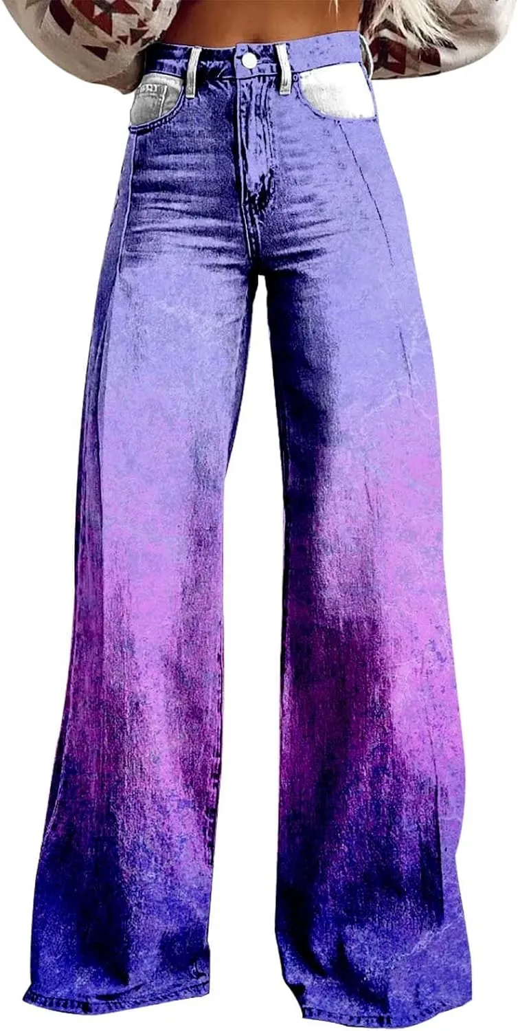 Flare Jeans for Women 2025 Fashion Wide Leg Vintage Floral Print High Waisted Straight Stretch Pants with Pockets