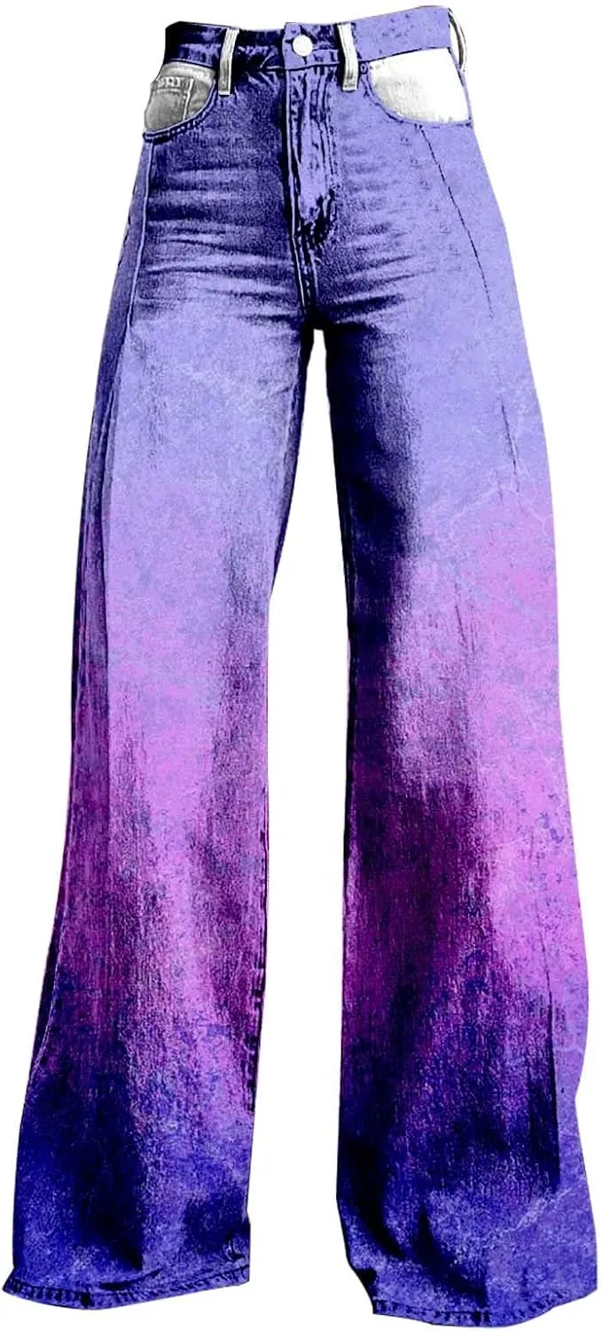 Flare Jeans for Women 2025 Fashion Wide Leg Vintage Floral Print High Waisted Straight Stretch Pants with Pockets