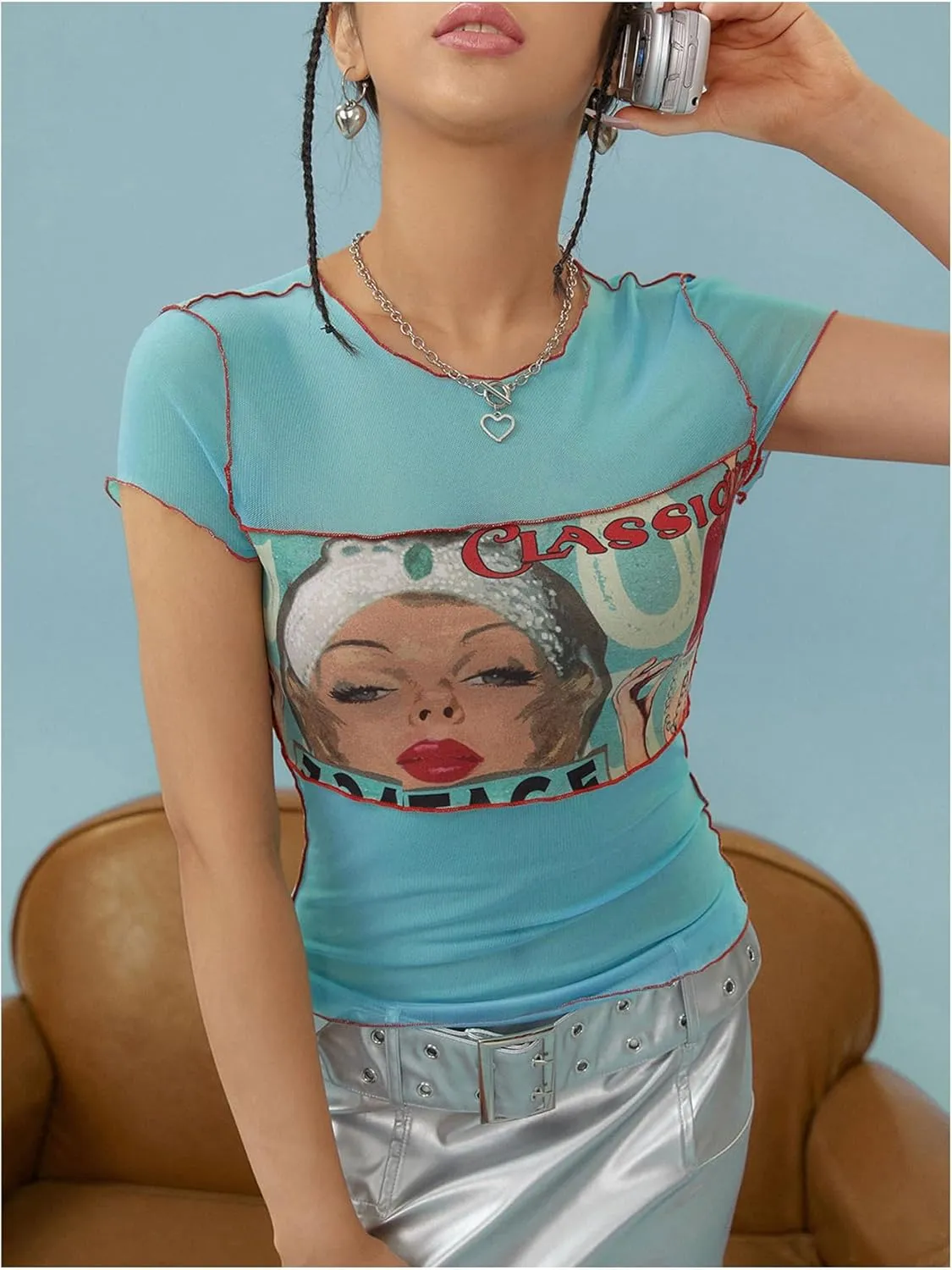 Floerns Women's 90s Vintage Short Sleeve T Shirts Sheer Mesh Crewneck Y2k Tee Tops