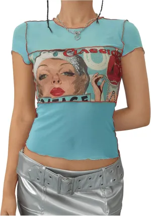 Floerns Women's 90s Vintage Short Sleeve T Shirts Sheer Mesh Crewneck Y2k Tee Tops