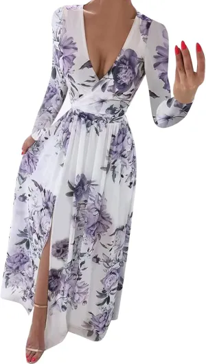 Floral Dresses for Women Sleeveless Wrap V Neck Sun Dresses Side Split Sexy Flowy Maxi Long Dress
