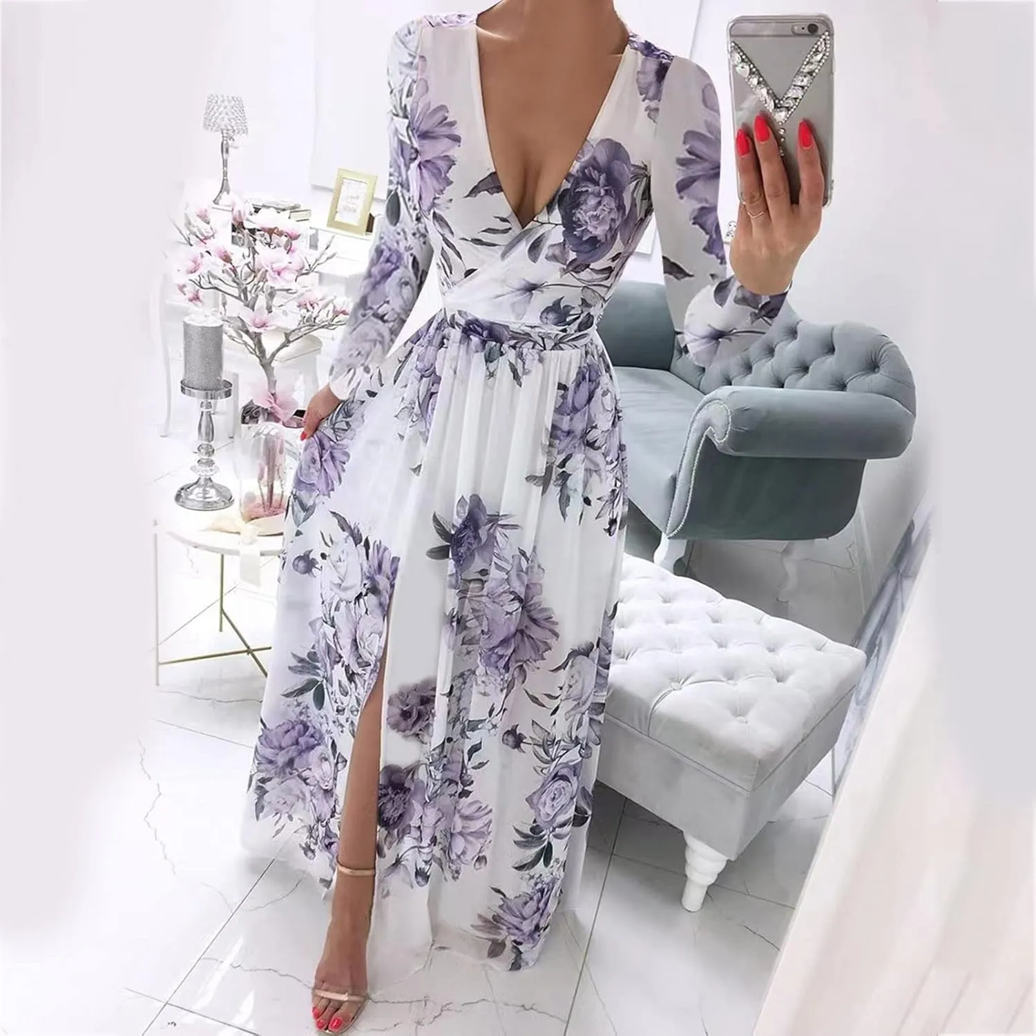 Floral Dresses for Women Sleeveless Wrap V Neck Sun Dresses Side Split Sexy Flowy Maxi Long Dress