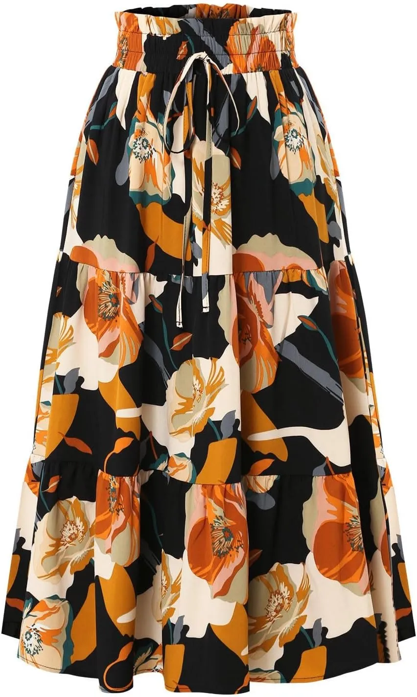 Floral Maxi Skirt for Women Casual Elegant Drawstring Waist Church A Line Skirts Flowy Long Wedding Guest Skorts