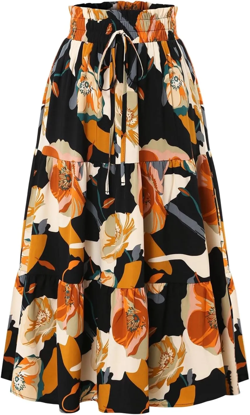 Floral Maxi Skirt for Women Casual Elegant Drawstring Waist Church A Line Skirts Flowy Long Wedding Guest Skorts