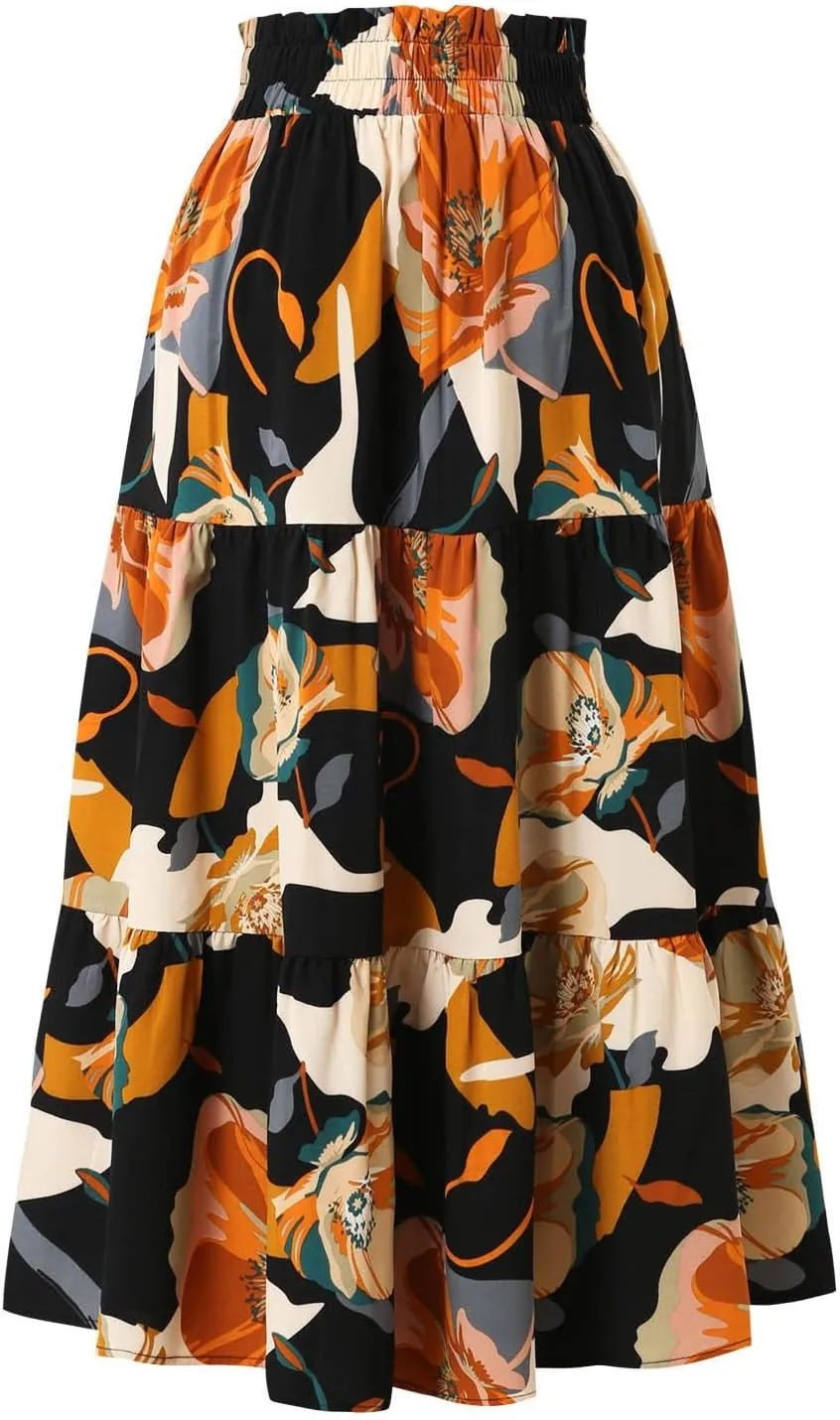 Floral Maxi Skirt for Women Casual Elegant Drawstring Waist Church A Line Skirts Flowy Long Wedding Guest Skorts