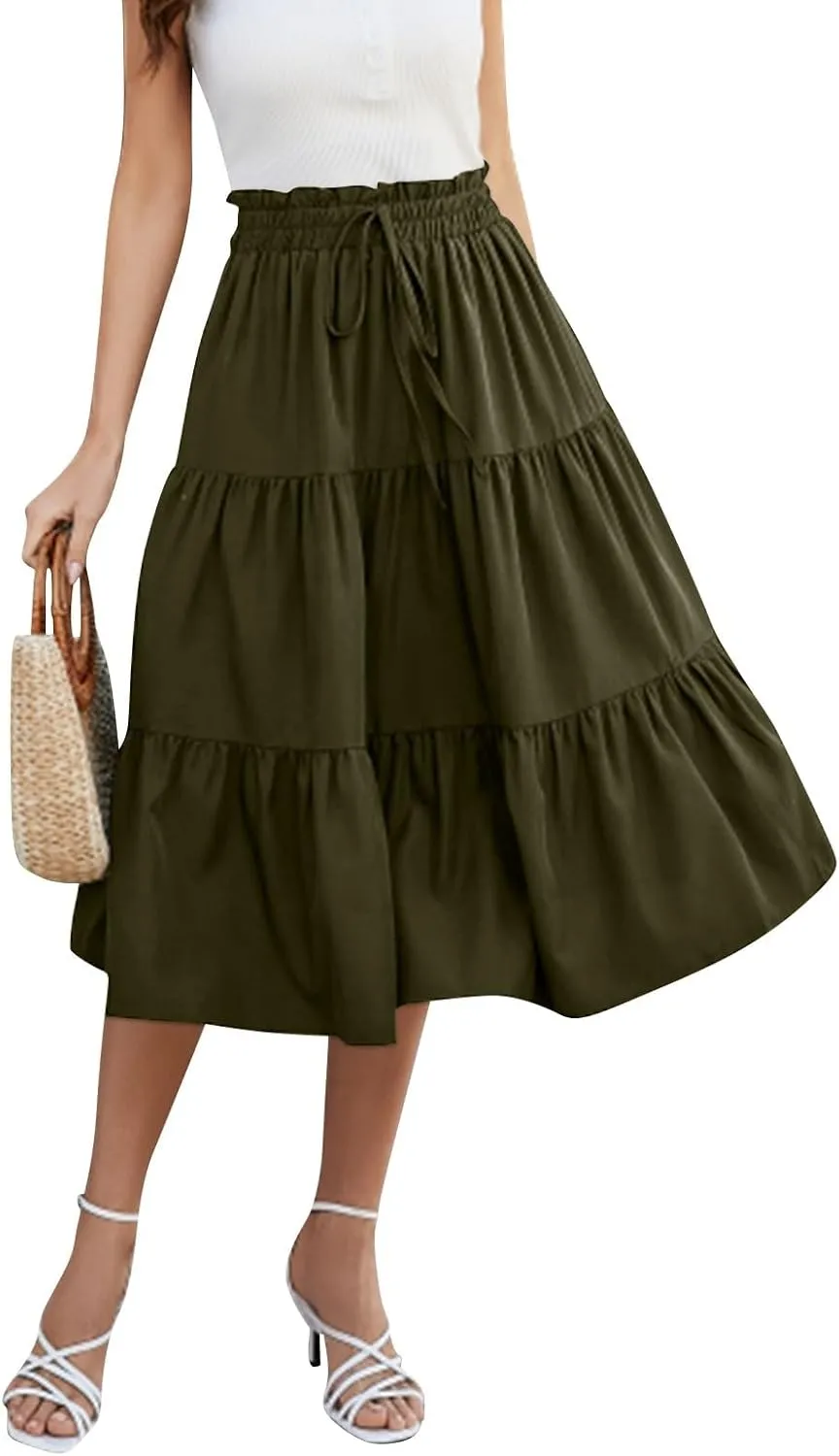 Floral Maxi Skirts for Women High Waisted Ankle Length Flared Skirt Drawstring Casual Boho Flowy A-Line Skirts