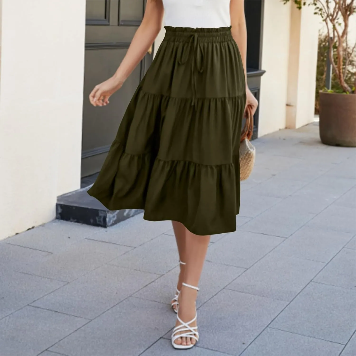 Floral Maxi Skirts for Women High Waisted Ankle Length Flared Skirt Drawstring Casual Boho Flowy A-Line Skirts