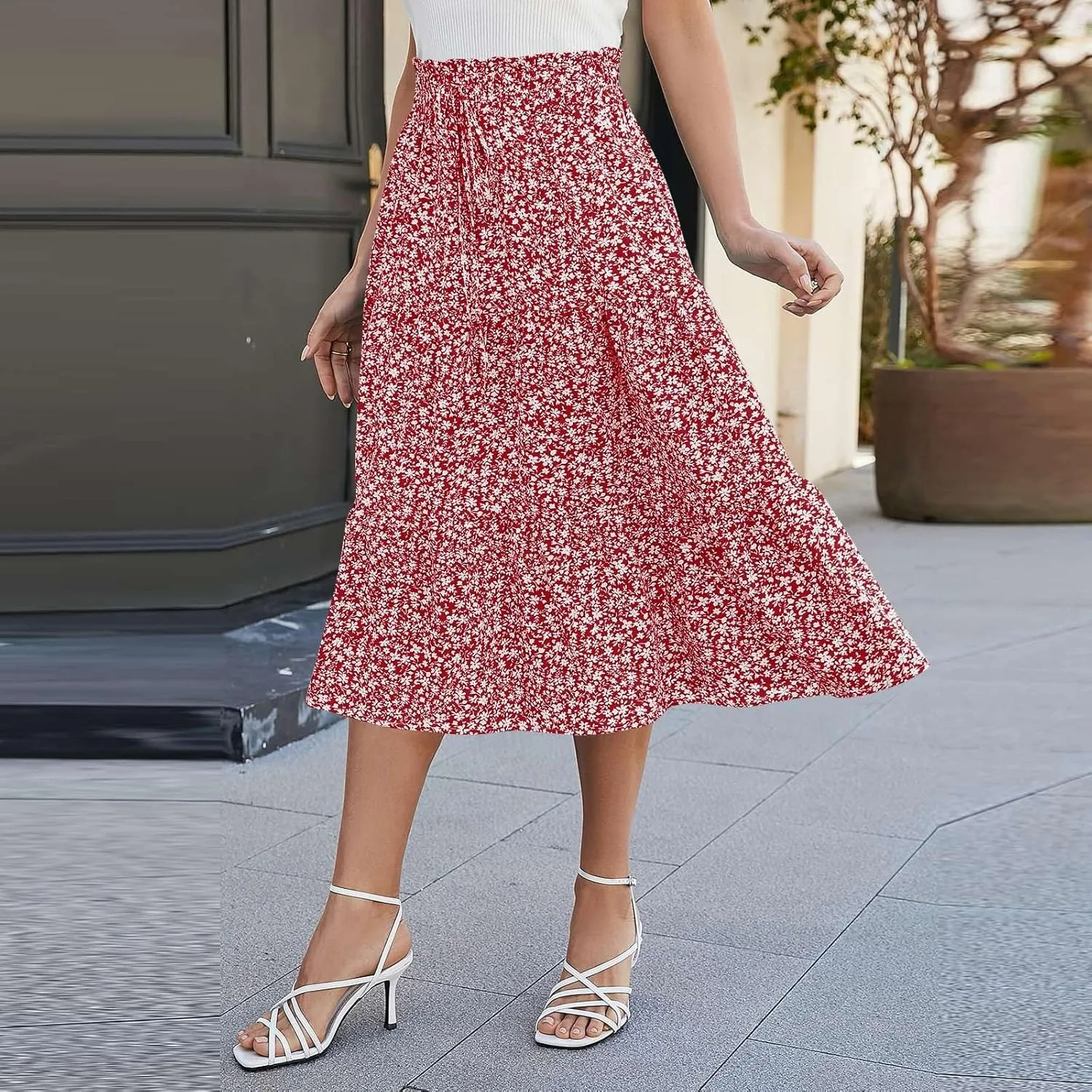 Floral Maxi Skirts for Women High Waisted Ankle Length Flared Skirt Drawstring Casual Boho Flowy A-Line Skirts