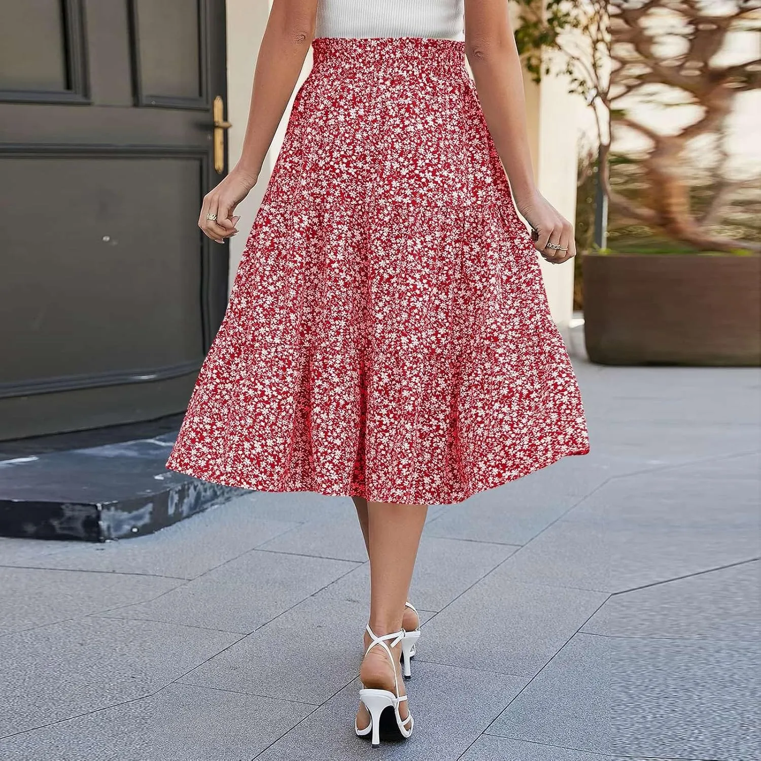 Floral Maxi Skirts for Women High Waisted Ankle Length Flared Skirt Drawstring Casual Boho Flowy A-Line Skirts