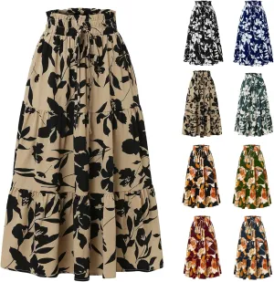 Floral Maxi Skirts for Women High Waisted Ankle Length Flared Skirt Drawstring Casual Boho Flowy A-Line Skirts