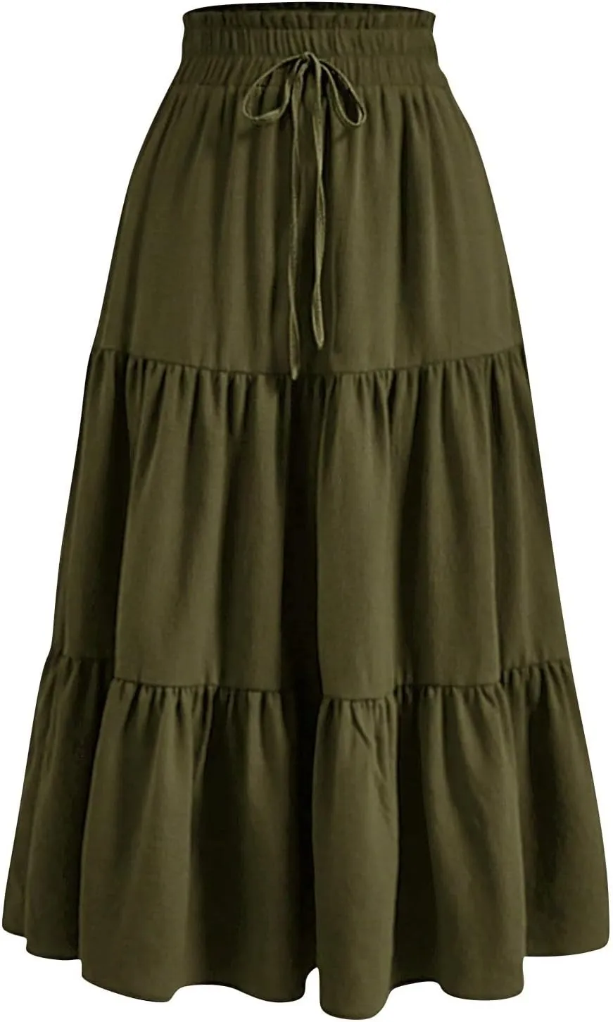 Floral Maxi Skirts for Women High Waisted Ankle Length Flared Skirt Drawstring Casual Boho Flowy A-Line Skirts