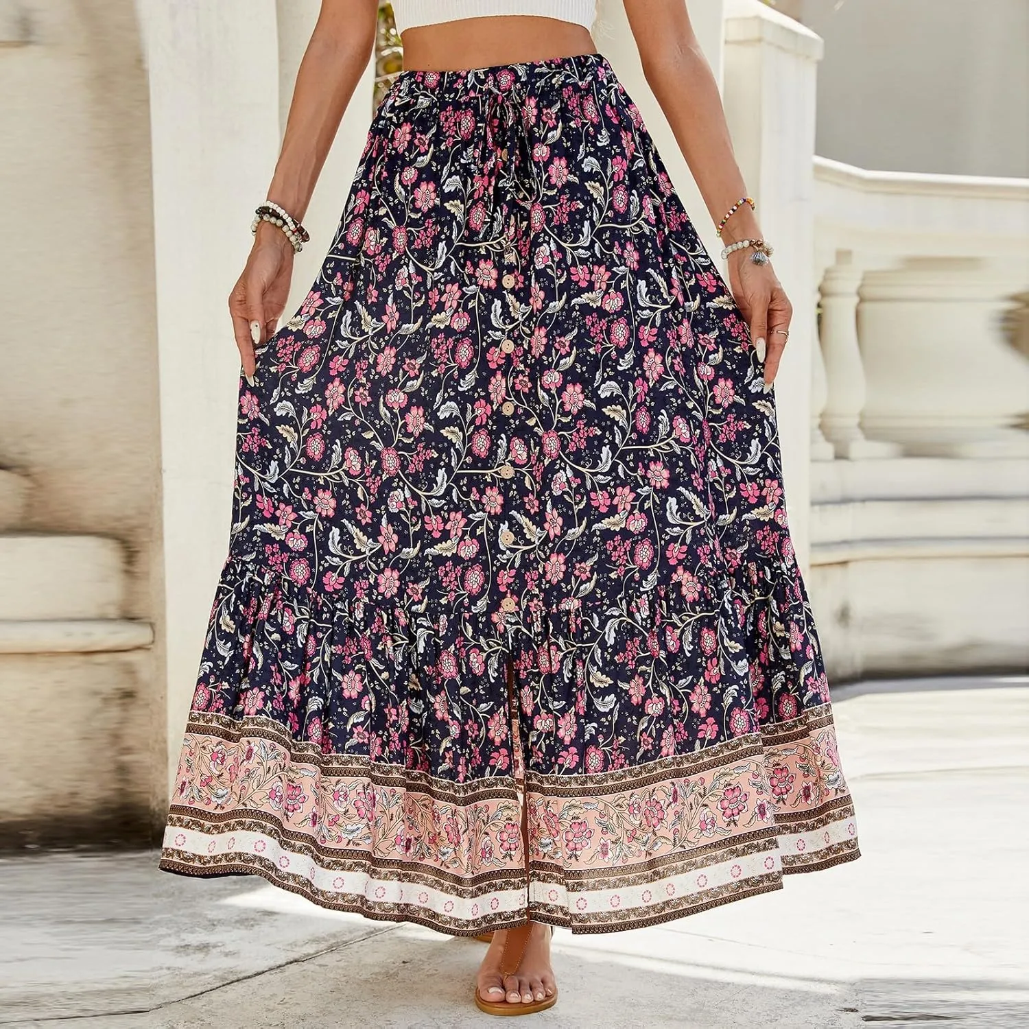 Flowy Skirts for Women,Pleated Maxi Skirts 2025 Trendy Beach Vacation Elastic Waist Long Boho Skirt Spring Summer