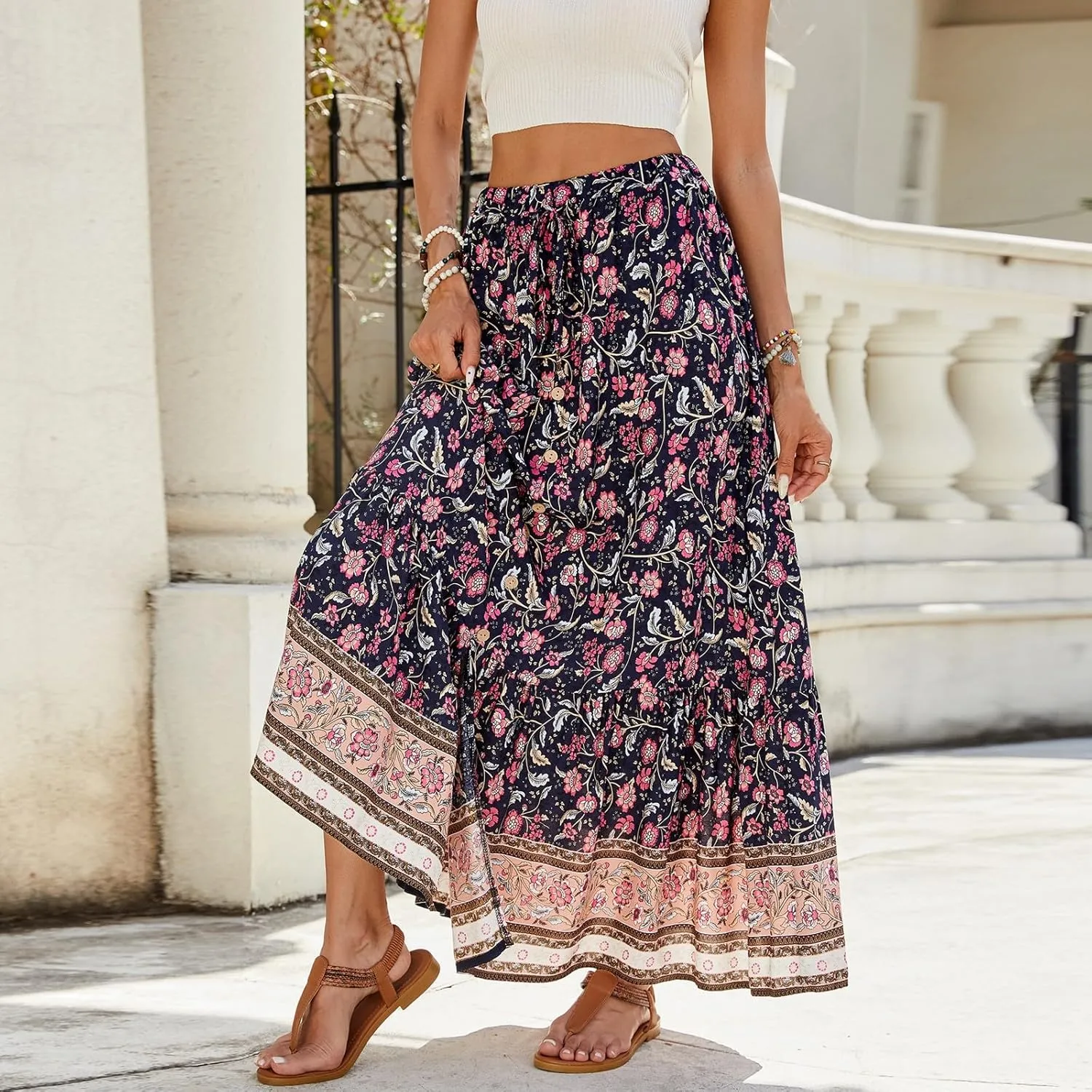 Flowy Skirts for Women,Pleated Maxi Skirts 2025 Trendy Beach Vacation Elastic Waist Long Boho Skirt Spring Summer