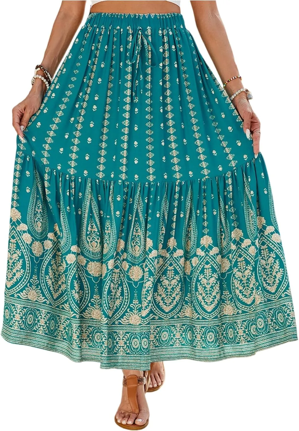 Flowy Skirts for Women,Pleated Maxi Skirts 2025 Trendy Beach Vacation Elastic Waist Long Boho Skirt Spring Summer