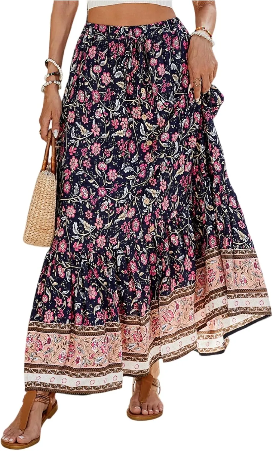 Flowy Skirts for Women,Pleated Maxi Skirts 2025 Trendy Beach Vacation Elastic Waist Long Boho Skirt Spring Summer