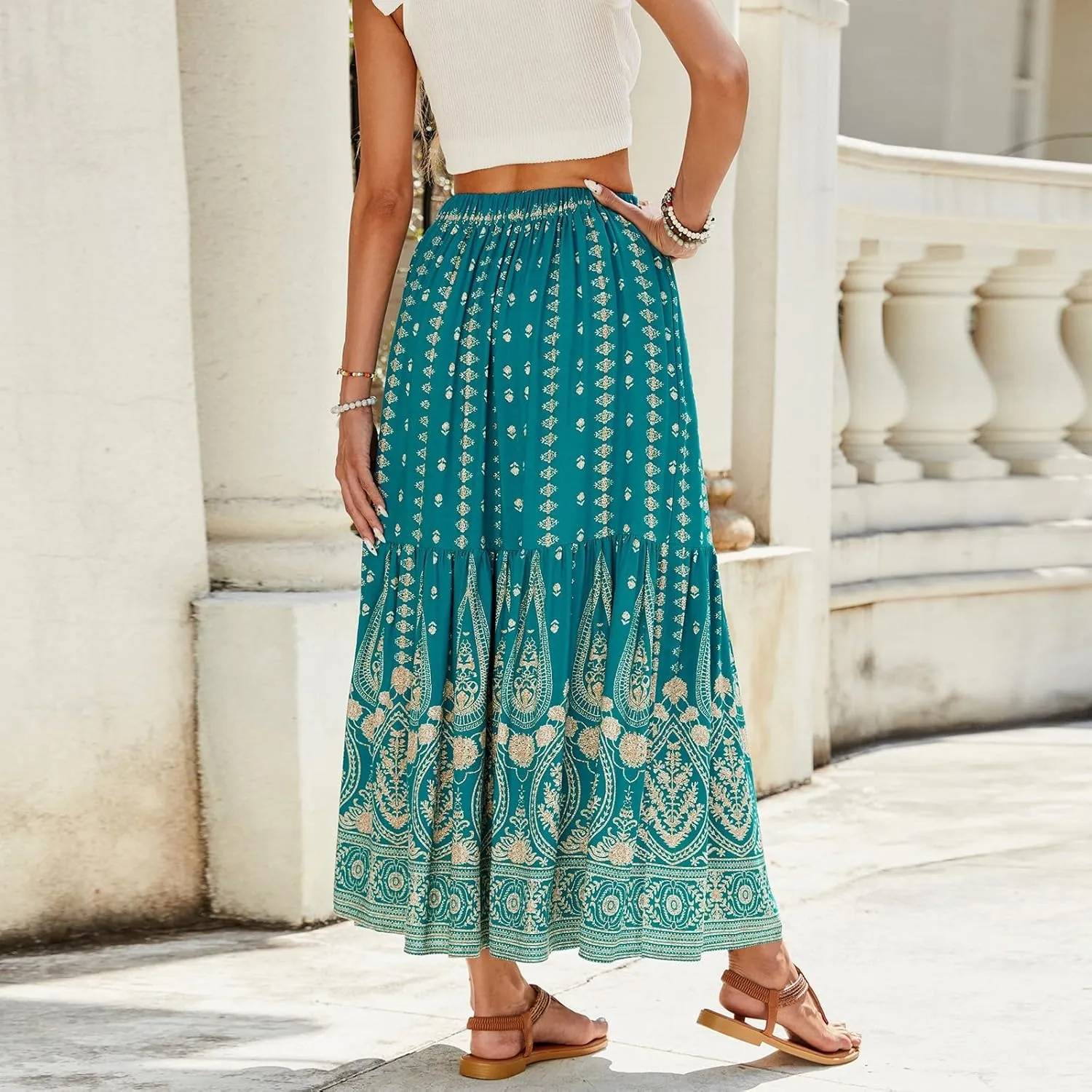 Flowy Skirts for Women,Pleated Maxi Skirts 2025 Trendy Beach Vacation Elastic Waist Long Boho Skirt Spring Summer