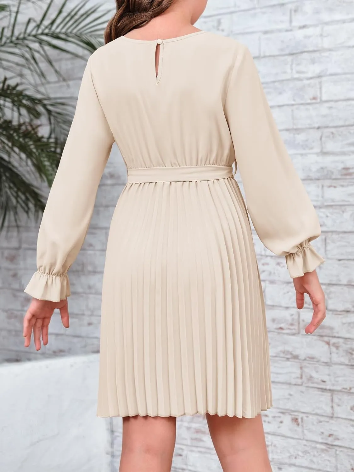 Foshow Girls Puff Long Sleeve Dresses Kids A Line Pleated Wrap Belt Crew Neck Flowy Holiday Midi Dress