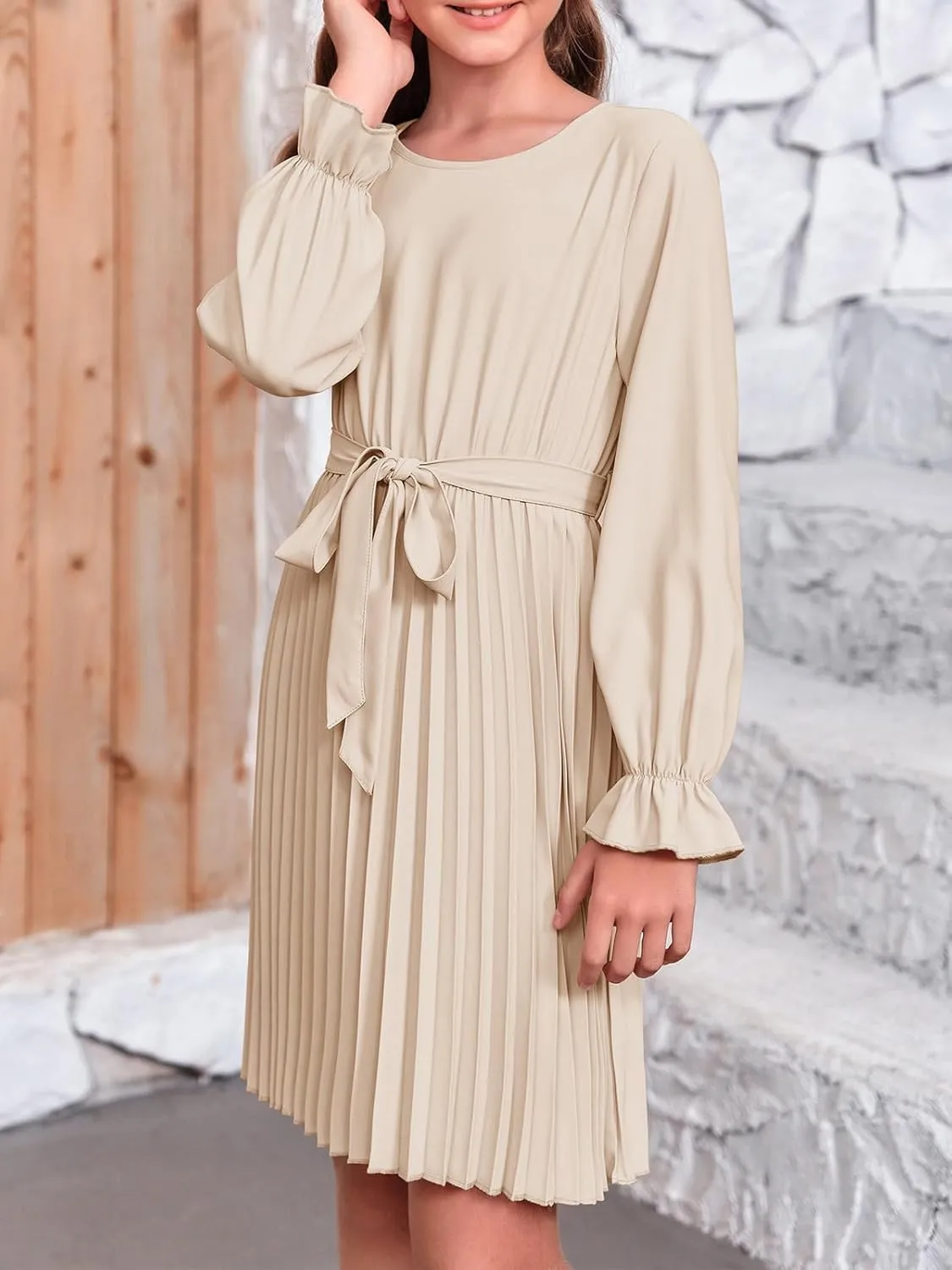 Foshow Girls Puff Long Sleeve Dresses Kids A Line Pleated Wrap Belt Crew Neck Flowy Holiday Midi Dress