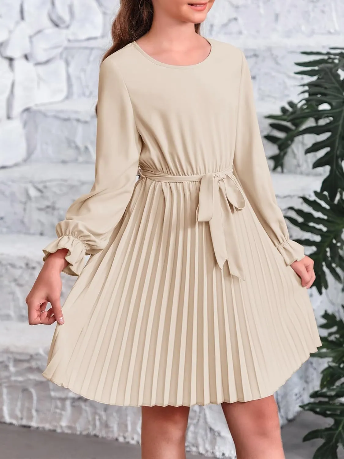 Foshow Girls Puff Long Sleeve Dresses Kids A Line Pleated Wrap Belt Crew Neck Flowy Holiday Midi Dress