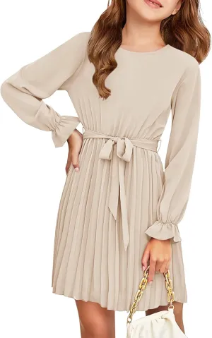 Foshow Girls Puff Long Sleeve Dresses Kids A Line Pleated Wrap Belt Crew Neck Flowy Holiday Midi Dress