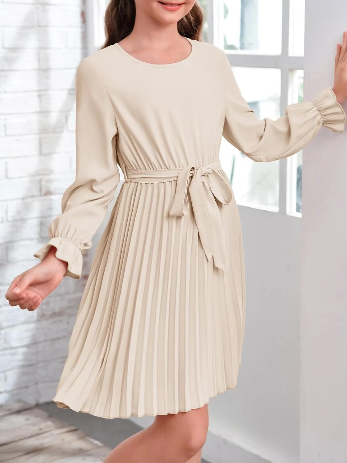 Foshow Girls Puff Long Sleeve Dresses Kids A Line Pleated Wrap Belt Crew Neck Flowy Holiday Midi Dress