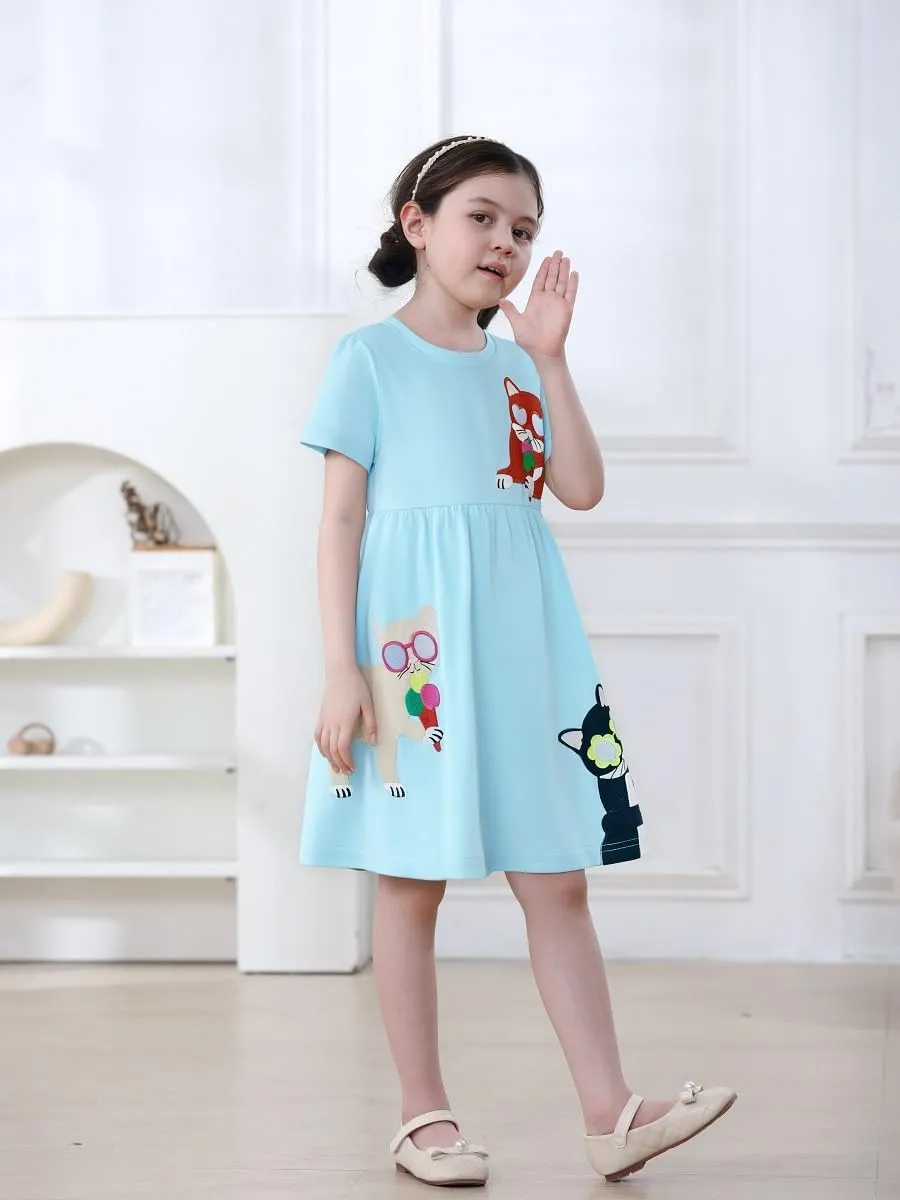 FreeLu Toddler Girls Cartoon Clothes Summer Casual Dress Embroidery Floral Dresses 2-8Y