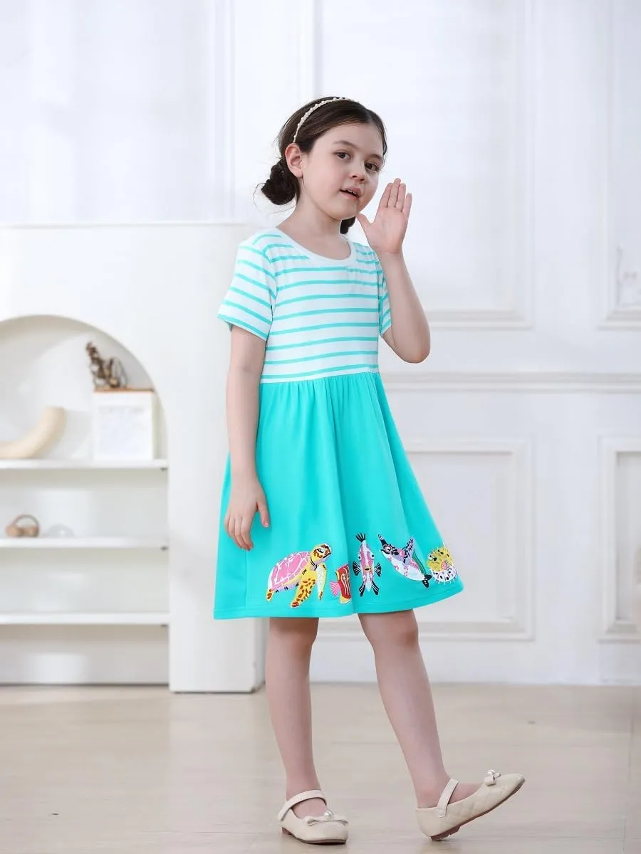 FreeLu Toddler Girls Cartoon Clothes Summer Casual Dress Embroidery Floral Dresses 2-8Y