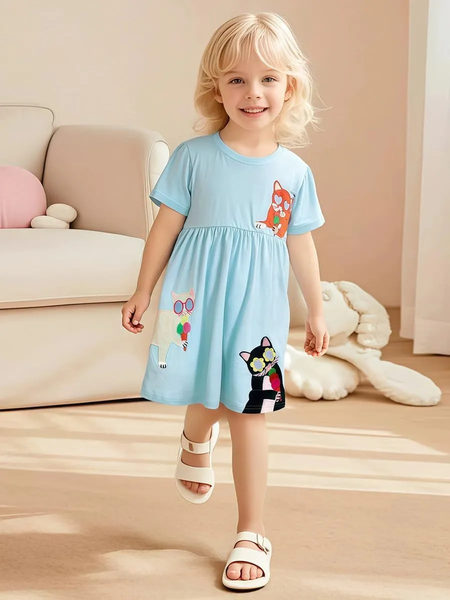 FreeLu Toddler Girls Cartoon Clothes Summer Casual Dress Embroidery Floral Dresses 2-8Y
