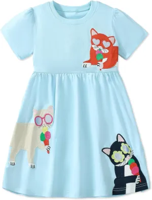FreeLu Toddler Girls Cartoon Clothes Summer Casual Dress Embroidery Floral Dresses 2-8Y