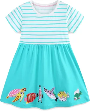 FreeLu Toddler Girls Cartoon Clothes Summer Casual Dress Embroidery Floral Dresses 2-8Y