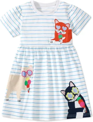 FreeLu Toddler Girls Cartoon Clothes Summer Casual Dress Embroidery Floral Dresses 2-8Y